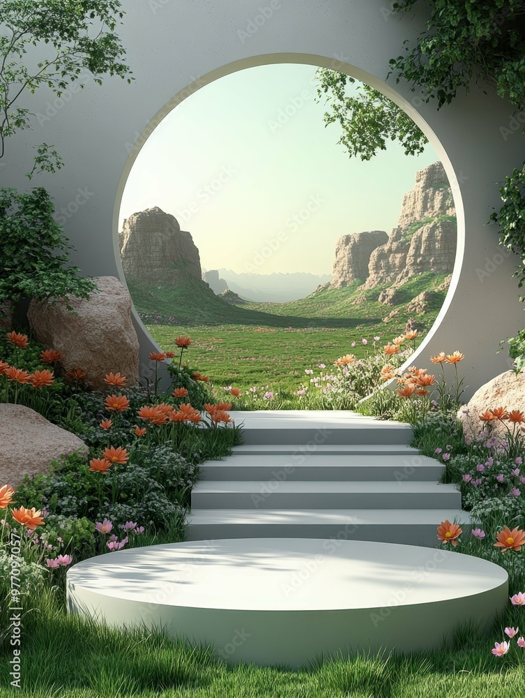 Poster open plains with scattered wildflowers in 3d rendered minimalist style with empty circle podium.