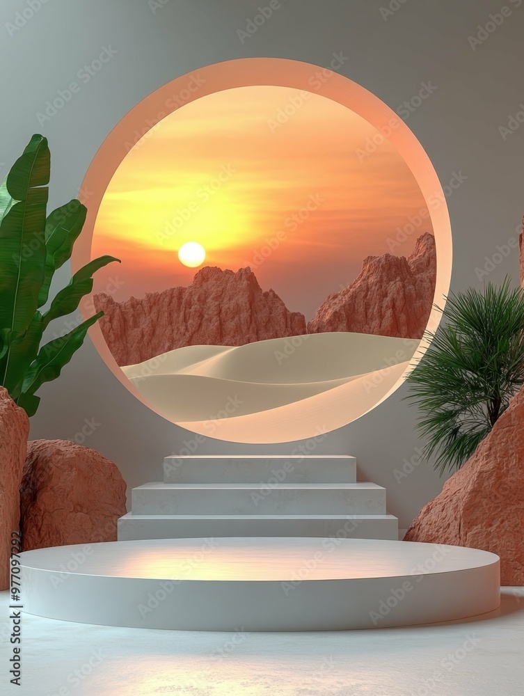 Poster rolling sand dunes under a twilight sky in 3d rendered minimalist style with empty circle podium.