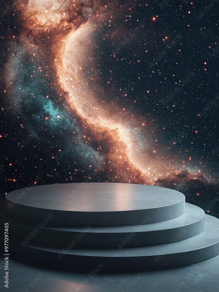 Poster starry galaxy with swirling nebulae in 3d rendered minimalist style with empty circle podium.
