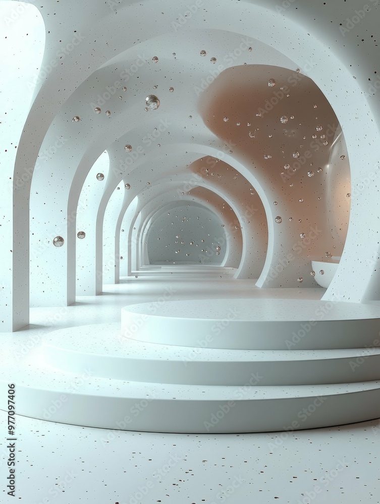 Aufkleber space station interior with floating particles in 3d rendered minimalist style with empty circle pod