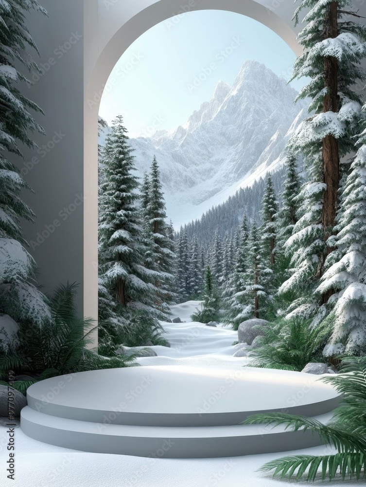 Aufkleber snow-covered forest with distant mountains in 3d rendered minimalist style with empty circle podium.