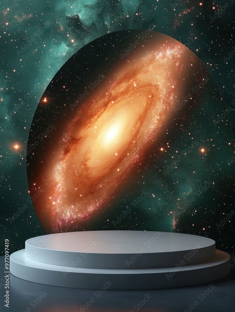 Aufkleber starry galaxy with swirling nebulae in 3d rendered minimalist style with empty circle podium.