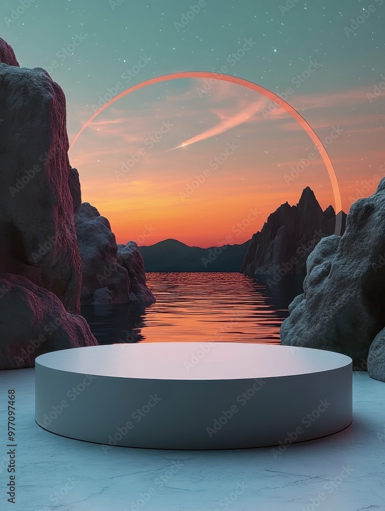 Poster starry night sky with a distant comet in 3d rendered minimalist style with empty circle podium.