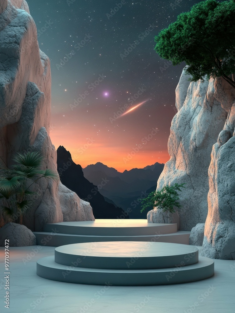 Aufkleber starry night sky with a distant comet in 3d rendered minimalist style with empty circle podium.