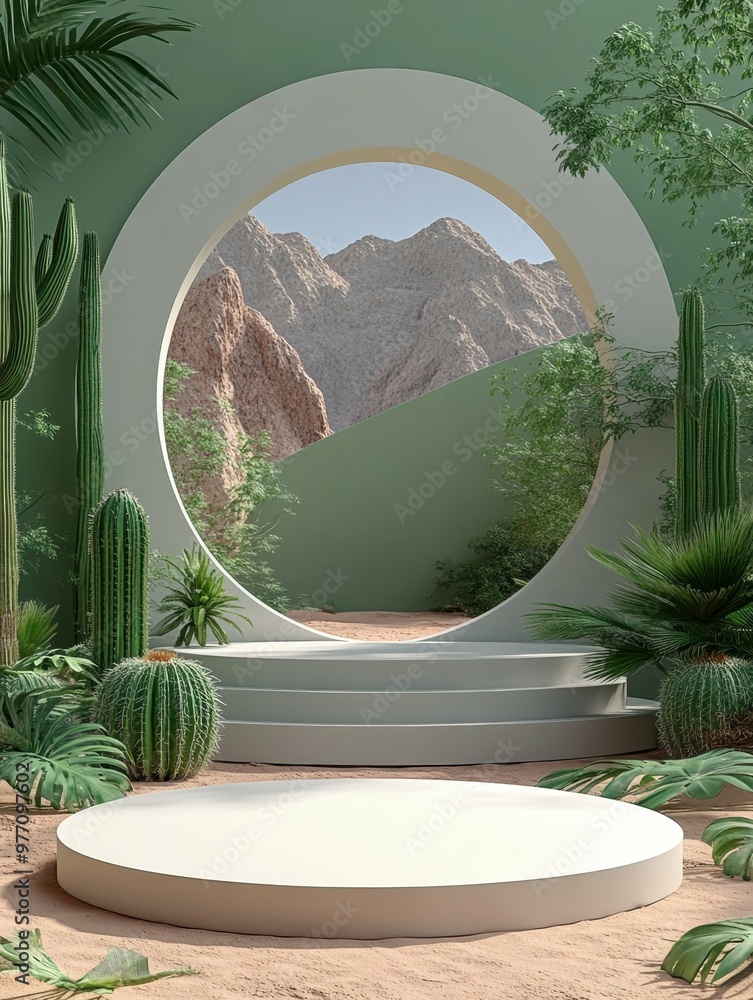 Aufkleber sunny desert with scattered cacti in 3d rendered minimalist style with empty circle podium.