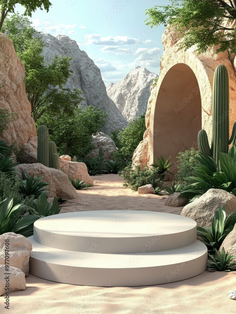 Poster sunny desert with scattered cacti in 3d rendered minimalist style with empty circle podium.