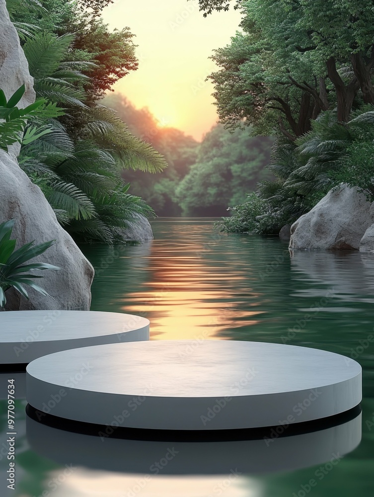 Aufkleber sunset over a calm river with reflections in 3d rendered minimalist style with empty circle podium.