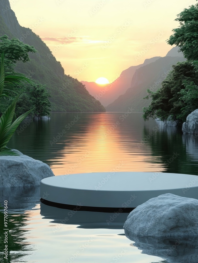 Aufkleber sunset over a calm river with reflections in 3d rendered minimalist style with empty circle podium.