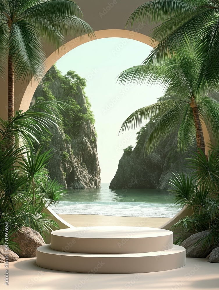 Poster tropical beach with palm trees and calm waves in 3d rendered minimalist style with empty circle podi