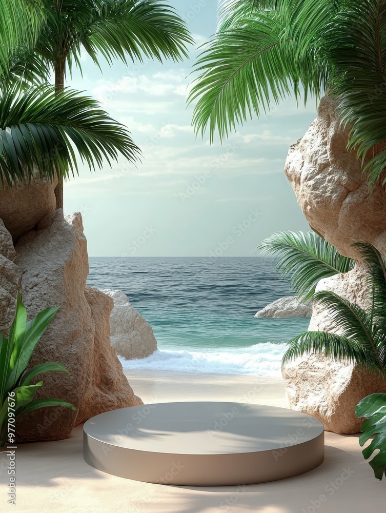 Poster tropical beach with palm trees and calm waves in 3d rendered minimalist style with empty circle podi