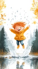 Fototapeta premium Happy girl jumping in puddle with rain falling around her.
