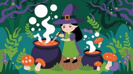 Naklejka premium Whimsical Young Witch Brewing Colorful Potions in a Magical Forest - Enchanting Children's Fantasy Illustration for Halloween and Storytelling