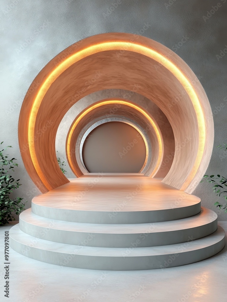 Poster underground subway tunnel with glowing lights in 3d rendered minimalist style with empty circle podi
