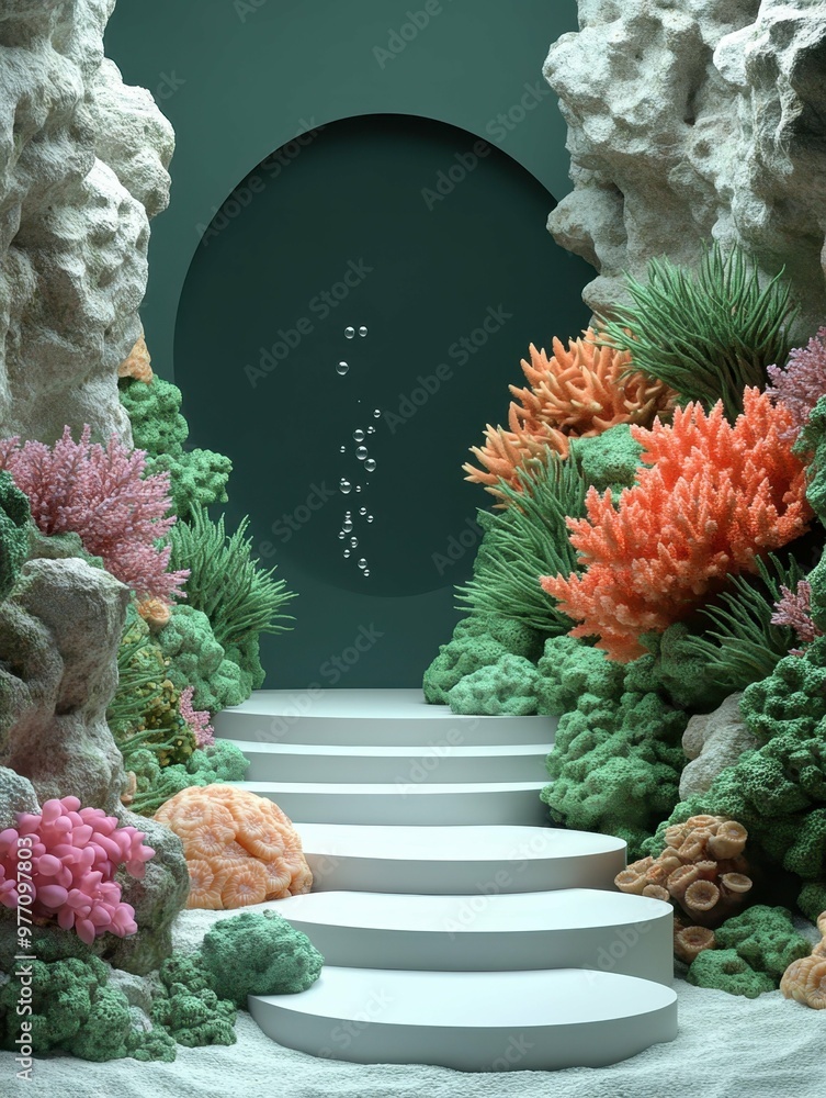 Poster underwater coral reef with bubbles in 3d rendered minimalist style with empty circle podium.