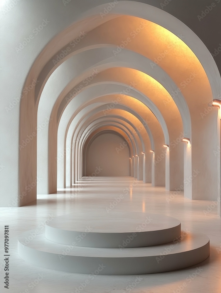 Poster underground subway tunnel with glowing lights in 3d rendered minimalist style with empty circle podi