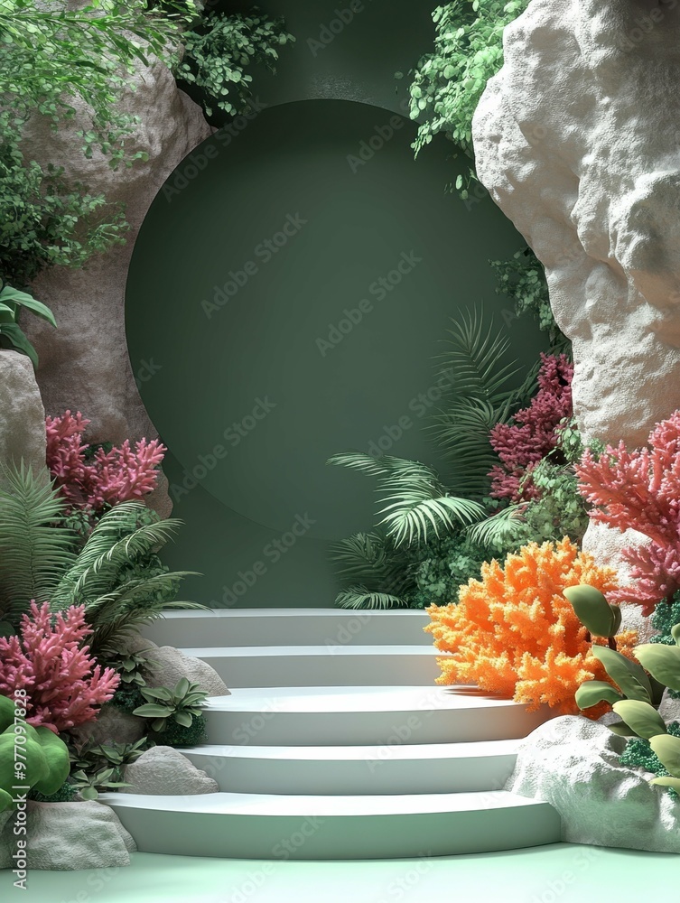 Poster underwater coral reef with bubbles in 3d rendered minimalist style with empty circle podium.