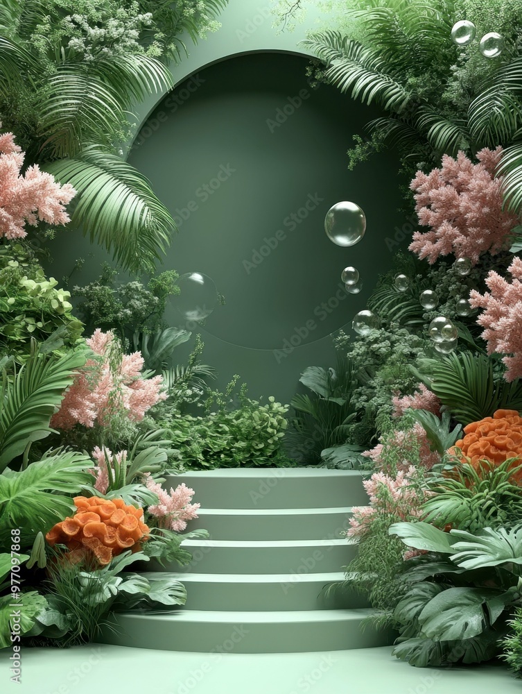 Poster underwater coral reef with bubbles in 3d rendered minimalist style with empty circle podium.