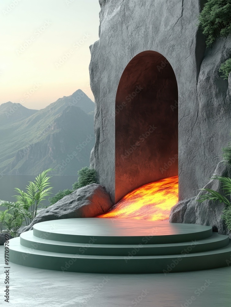 Poster volcanic landscape with glowing lava in 3d rendered minimalist style with empty circle podium.