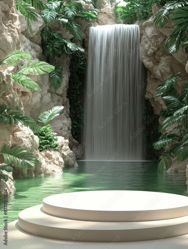 Aufkleber a crystal-clear waterfall cascading into a pool in 3d rendered minimalist style with empty circle po
