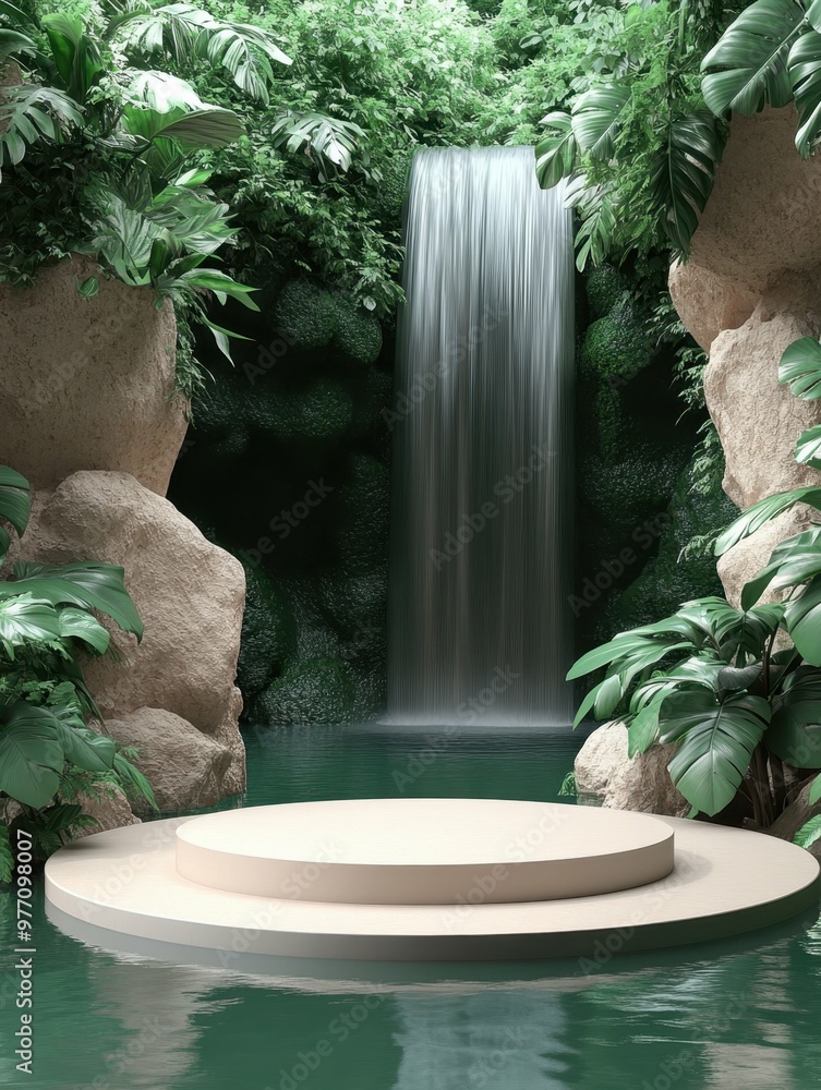 Aufkleber a crystal-clear waterfall cascading into a pool in 3d rendered minimalist style with empty circle po