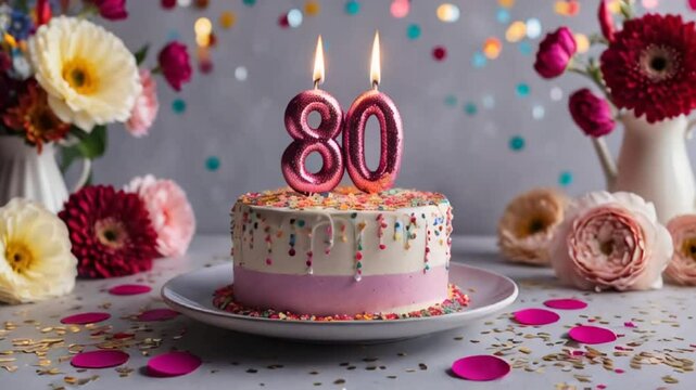 Delicious festive sweet cake with candle number 80, elegant flowers