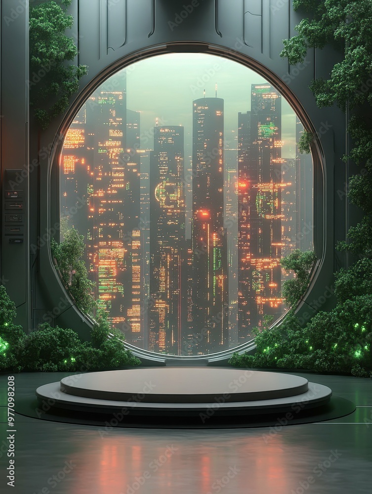 Aufkleber a futuristic control tower with holographic displays in 3d rendered minimalist style with empty circ