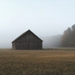 Obraz premium A weathered, wooden barn standing in a field covered with early morning fog. landscape is peaceful, with distant trees just visible through