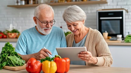 A joyful senior couple enjoying cooking together while using a tablet in a bright kitchen, surrounded by fresh vegetables.