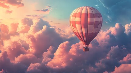 Obraz premium Hot air balloon soaring above fluffy clouds in a pastel sky.