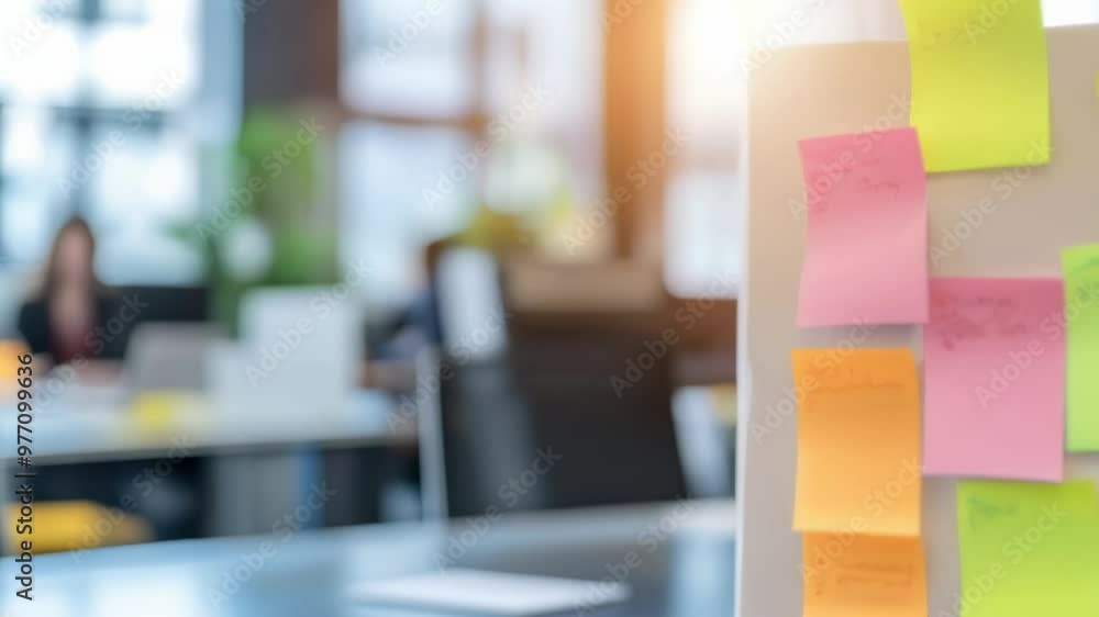 Poster post-it notes scattered on glass in a vibrant office setting showcasing teamwork and organization