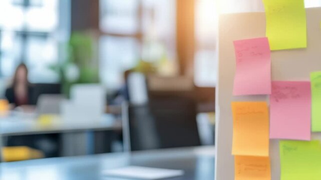 Post-it notes scattered on glass in a vibrant office setting showcasing teamwork and organization