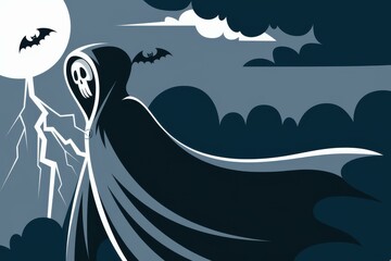 Dark Grim Reaper Illustration with Bats and Lightning - Spooky Halloween Graphic for Events, Merchandise, and Party Promotions