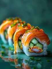 Traditional Firecracker Roll with spicy tuna, cucumber, and avocado, on a vivid bold background, close up