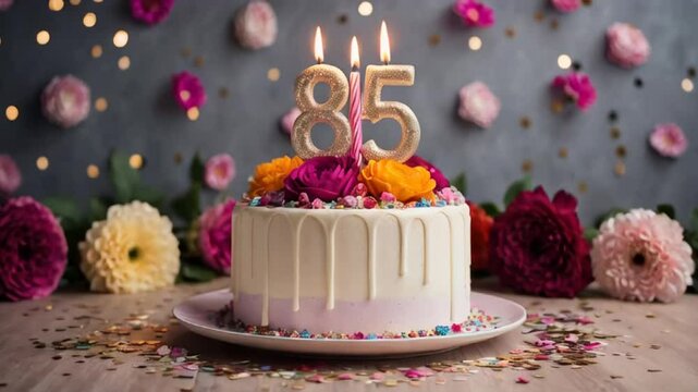 Delicious festive sweet cake with candle number 85, elegant flowers
