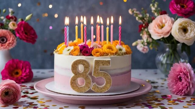 Delicious festive sweet cake with candle number 85, elegant flowers