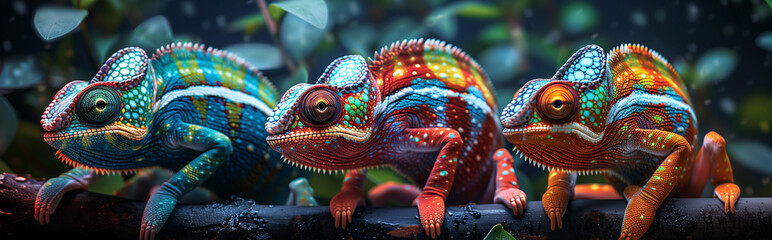 Fototapeta premium Banner with three colorful chameleons in a row on a branch with water droplets