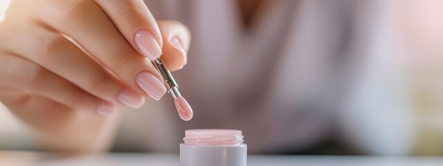 Manicure master with pink gel polish on nails demonstrates shilak in spa salon. Banner and copy space.