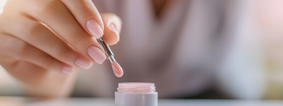 Manicure master with pink gel polish on nails demonstrates shilak in spa salon. Banner and copy space.