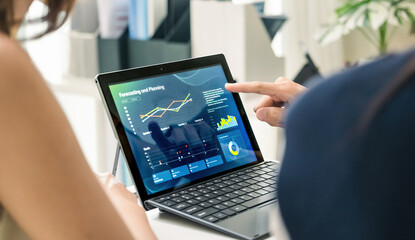 close up hand team of financial discussion fintech  technology planning, analyzing digital...