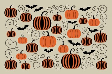 Playful Halloween Pumpkins and Bats Pattern on Beige Background - Whimsical Festive Decor for Autumn Celebrations and Graphic Design
