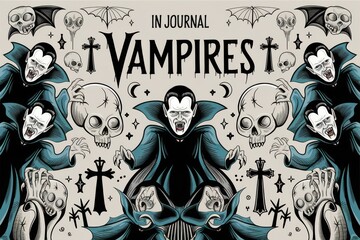 Unique Gothic Vampire Illustration Featuring Skulls and Crosses - Perfect for Halloween Merchandise and Spooky Season Art
