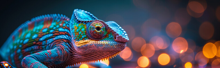 Banner with cute colorful chameleon close-up with glowing bokeh lights in background