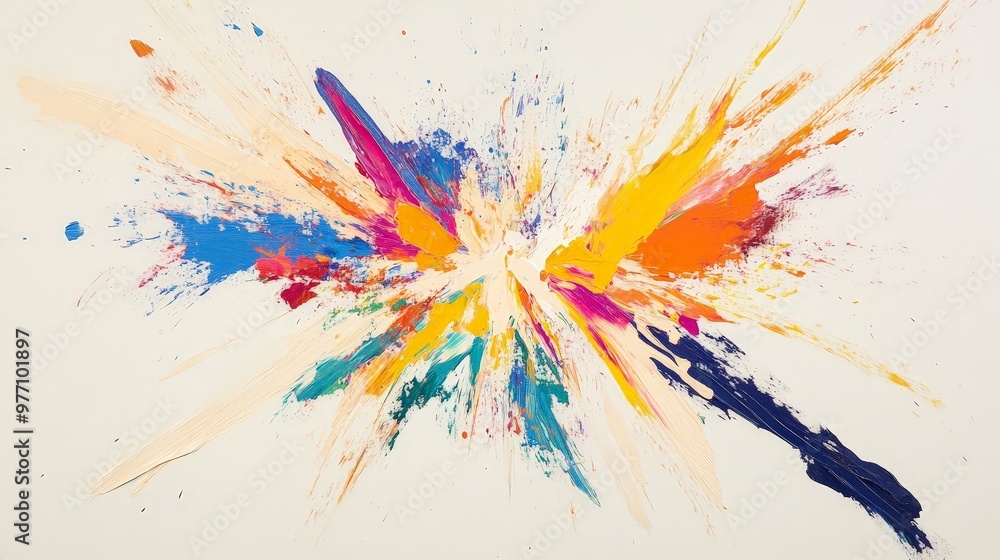 Poster an abstract minimalist painting with a burst of vibrant colors on a neutral canvas, combining simpli