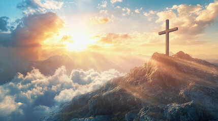 Fototapeta premium wooden cross stands alone on rugged mountain, bathed in sunlight breaking through clouds