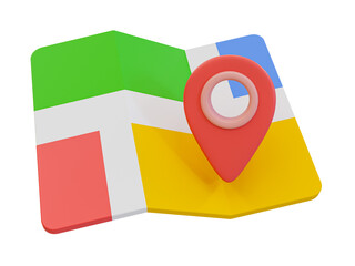 A 3D illustration of map featuring a red location pin, symbolizing navigation, travel, and geolocation services.