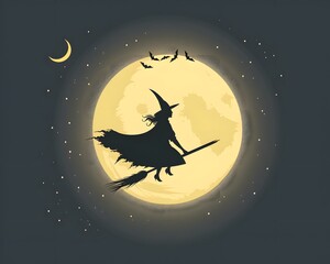 A mystical witch flying on a broomstick against a full moon backdrop, embodying the eerie spirit of Halloween.