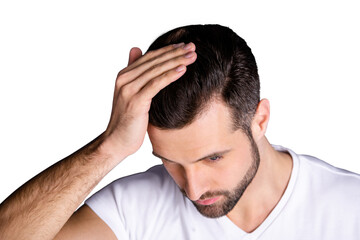 Close up top above high angle photo amazing he him his macho touch arm hand neat groomed head...