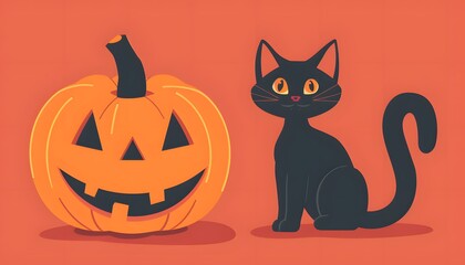 A playful black cat sits beside a carved pumpkin, set against a festive orange background, perfect for Halloween celebrations.