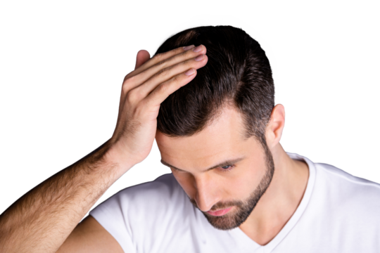 Close up top above high angle photo amazing he him his macho touch arm hand neat groomed head haircut not smiling look mirror bath empty space wear casual white t-shirt isolated grey background