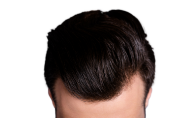 Cropped close up top above high angle photo amazing he him his macho showing neat groomed head haircut look mirror bath black ideal perfect color wear casual white t-shirt isolated grey background